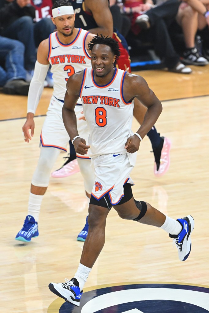New York Knicks forward OG Anunoby celebrates 