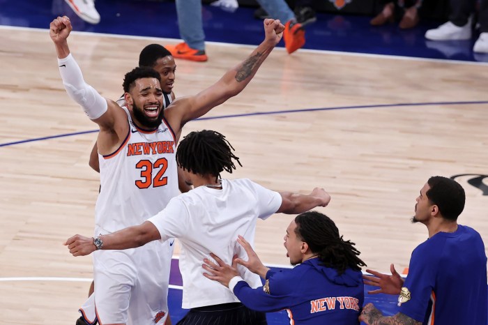 Karl Anthony-Towns celebrates the New York Knicks' comeback win over the San Antonio Spurs in Game 4 of the 2026 NBA Finals