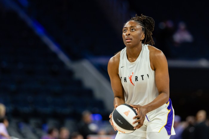 Nneka Ogwumike #30 of the Los Angeles Sparks warms up before a game against the Golden State Valkyries on June 15, 2026 at Chase Center in San Francisco.