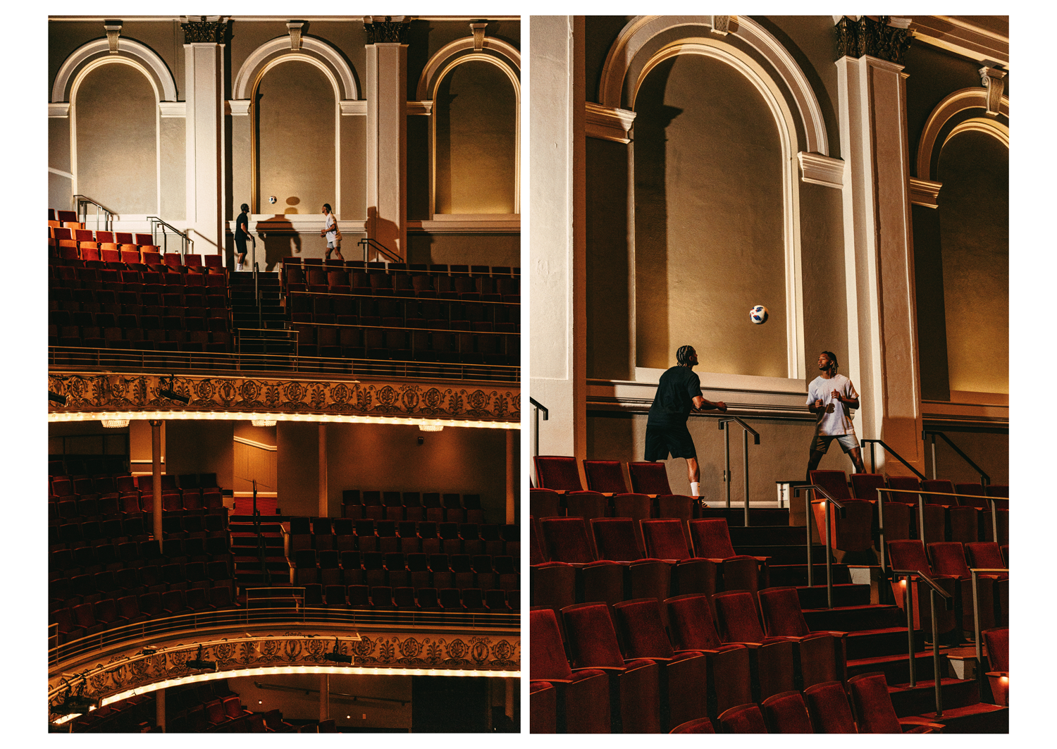 Miles Robinson (from left) and Ayoub Jabbari pass a soccer ball back and forth on the balcony of Music Hall in Cincinnati. 