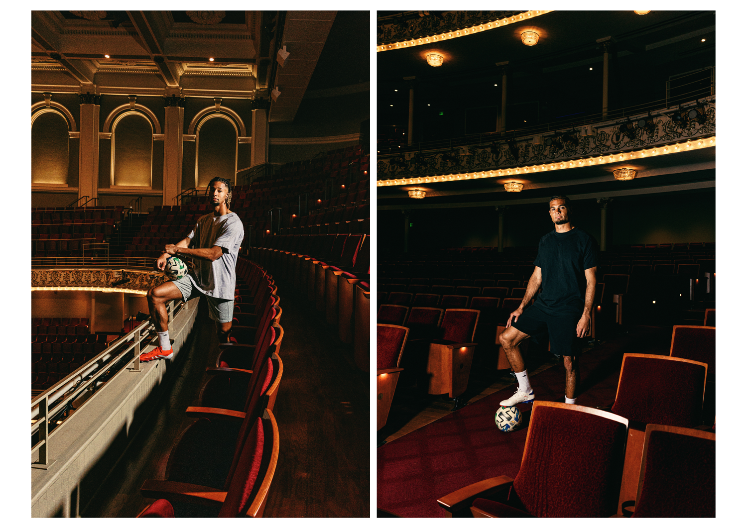 Miles Robinson (right] rests his foot on a soccer ball while Ayoub Jabbari (left] holds a soccer ball at the edge of the balcony inside Music Hall in Cincinnati.