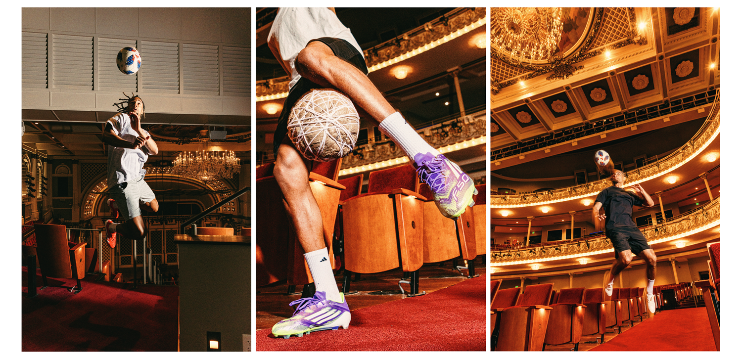 Ayoub Jabbari (from left), Kenji Mboma Dem and Miles Robinson play with traditional soccer and handmade balls inside Music Hall in Cincinnati. 