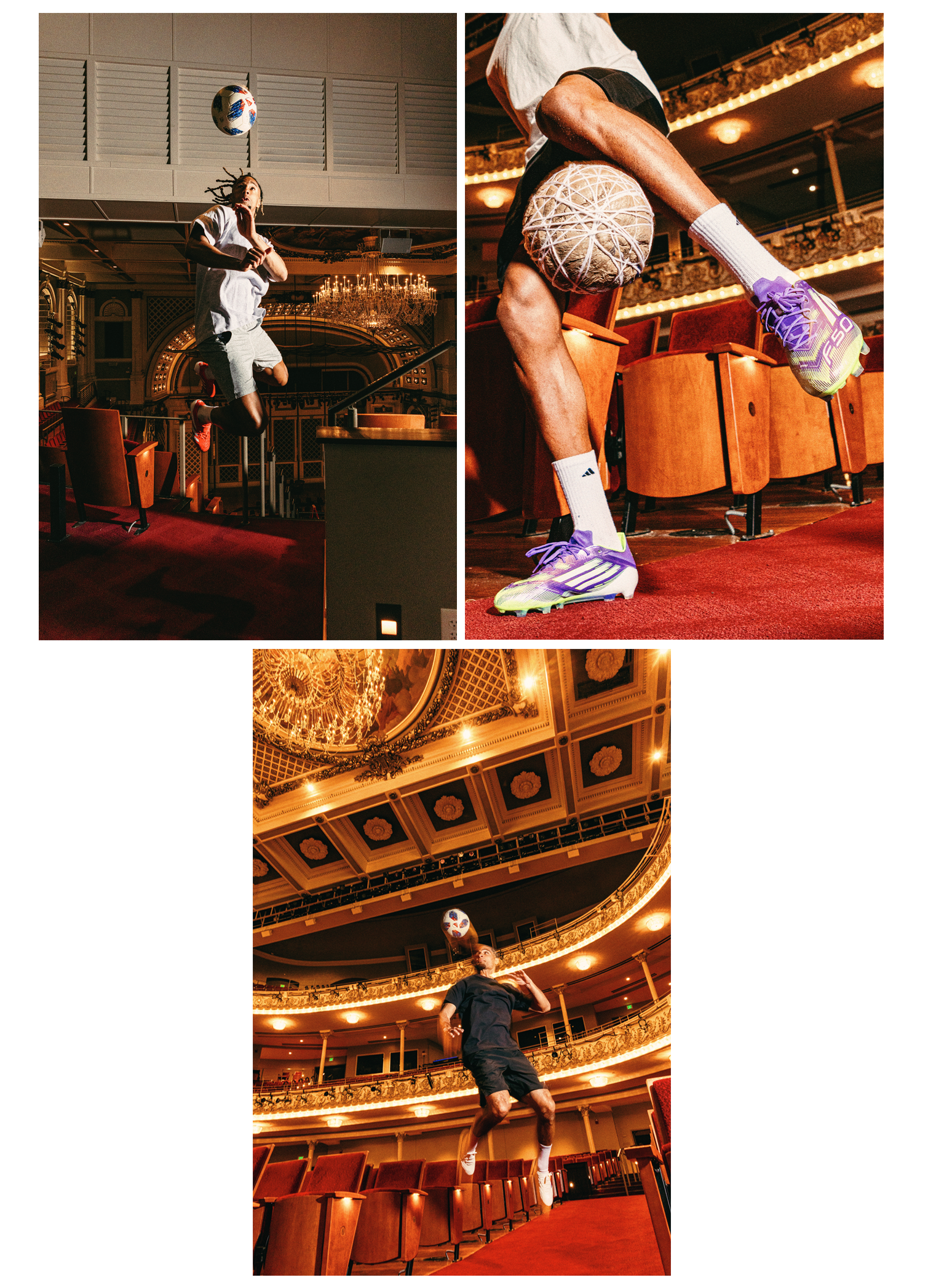 Ayoub Jabbari (top left), Kenji Mboma Dem (top right) and Miles Robinson (bottom) play with soccer and handmade balls inside Music Hall in Cincinnati. 