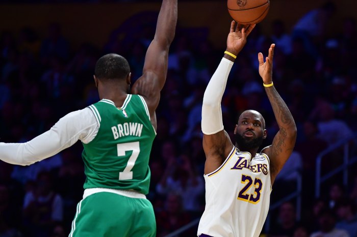LeBron James shoots over Jaylen Brown