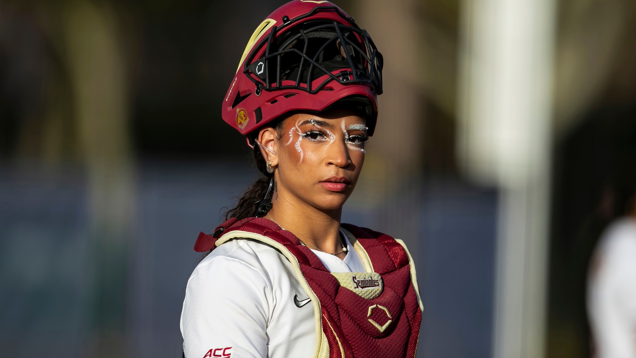 Florida State catcher Michaela Edenfield walks to home plate during a game on Feb. 15, 2024, in Clearwater, Florida.