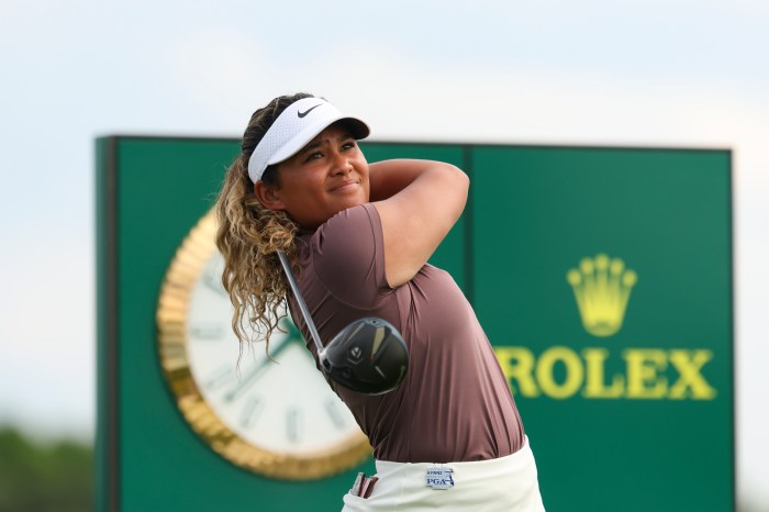 Amari Avery hits her tee shot on the 18th hole during the second round of the KPMG Women's PGA Championship on June 26, 2026, at Hazeltine National Golf Club in Chaska, Minnesota.