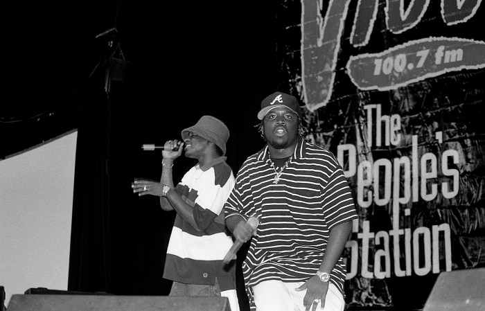 Andre 3000 and Big Boi from OutKast performing