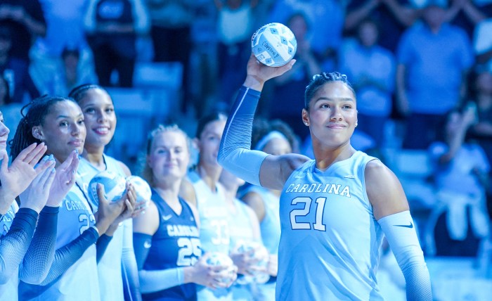 North Carolina middle blocker Jackie Taylor is introduced before a match against Florida on Sept. 9, 2025, at Carmichael Arena in Chapel Hill, N.C. 