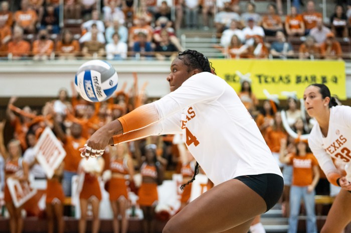 Texas volleyball player Torrey Stafford hits the ball during a match against Missouri on Sept. 26, 2025, at Gregory Gym in Austin, Texas.