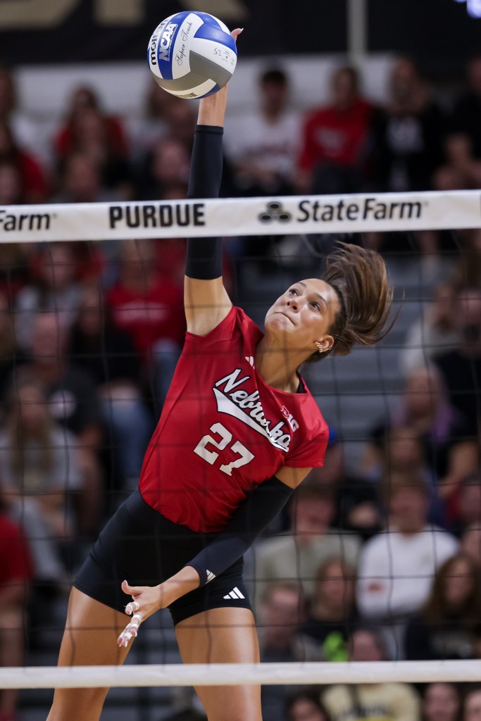 Nebraska volleyball player Harper Murray hits the ball during a match against Purdue on Oct. 12, 2025, at Holloway Gymnasium in West Lafayette, Ind.