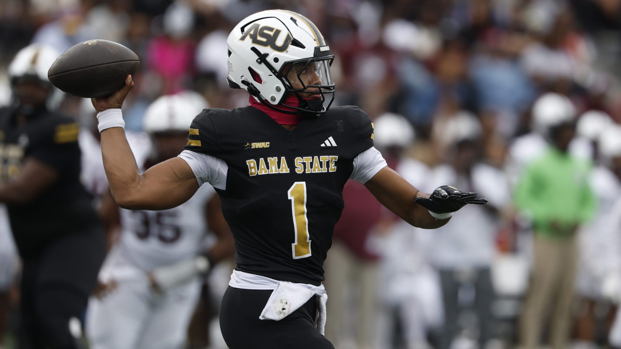 Quarterback Andrew Body of Alabama State throws a pass during a game against Alabama A&M on Oct. 25, 2025, at Legion Field in Birmingham, Ala.