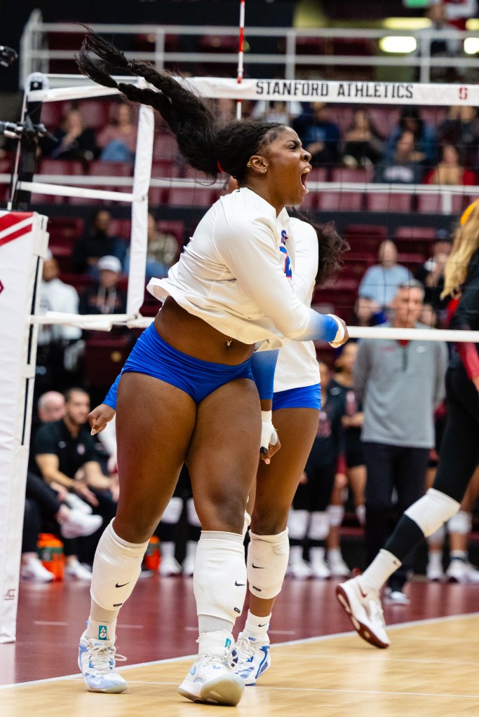 SMU volleyball player Favor Anyanwu celebrates a block during a match against Stanford on Nov. 16, 2025, at Maples Pavilion in Palo Alto, Calif. 