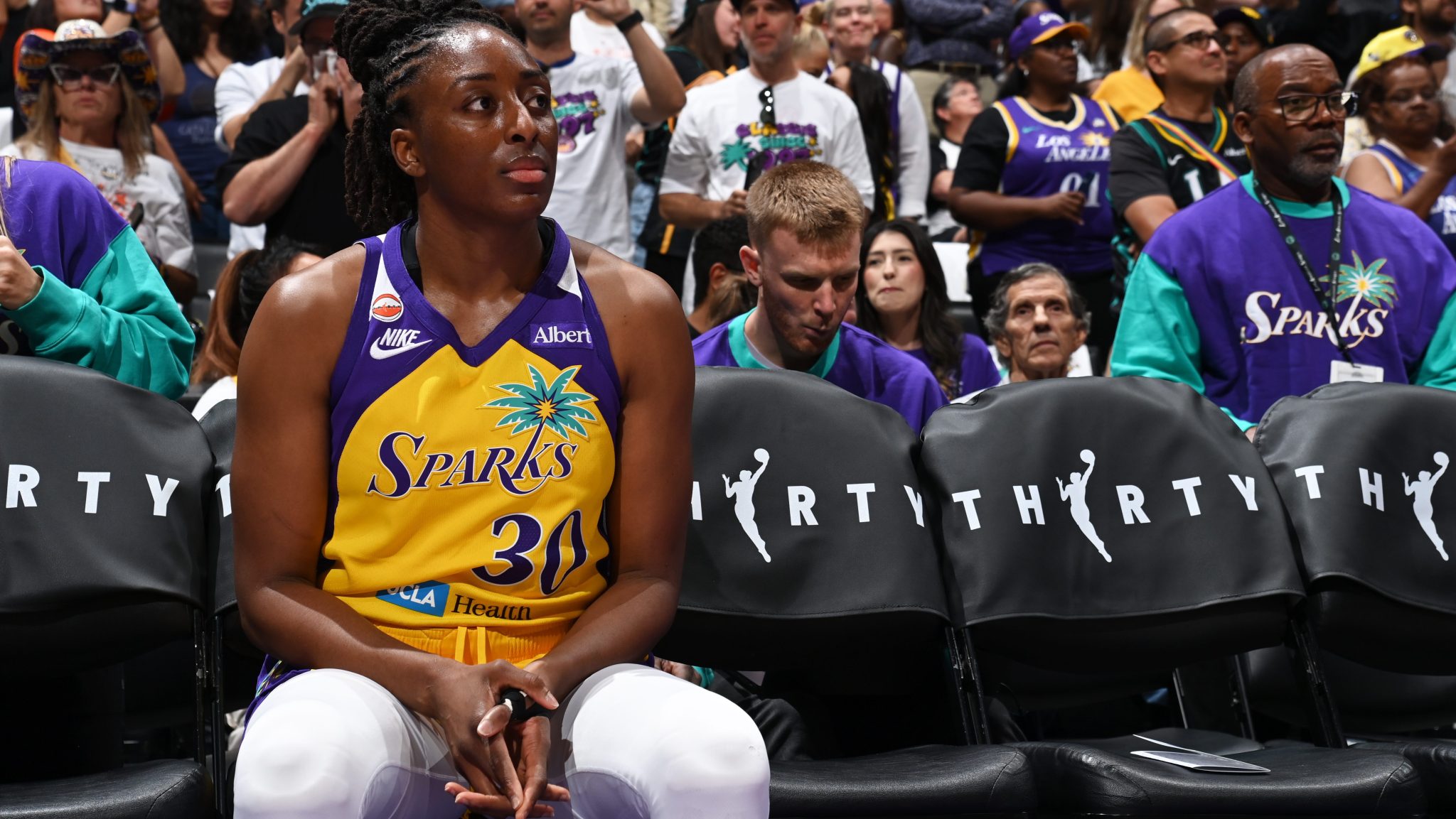 Nneka Ogwumike of the Los Angeles Sparks looks on before a game against the New York Liberty on June 21, 2026, at Crypto.com Arena in Los Angeles.