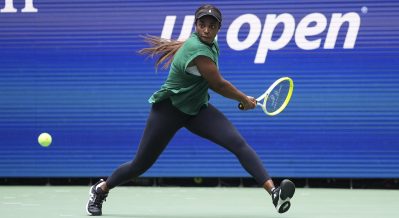 Sloane Stephens practices during Fan Week at the US Open on Aug. 28, 2026, at USTA Billie Jean King National Tennis Center in Flushing, N.Y.