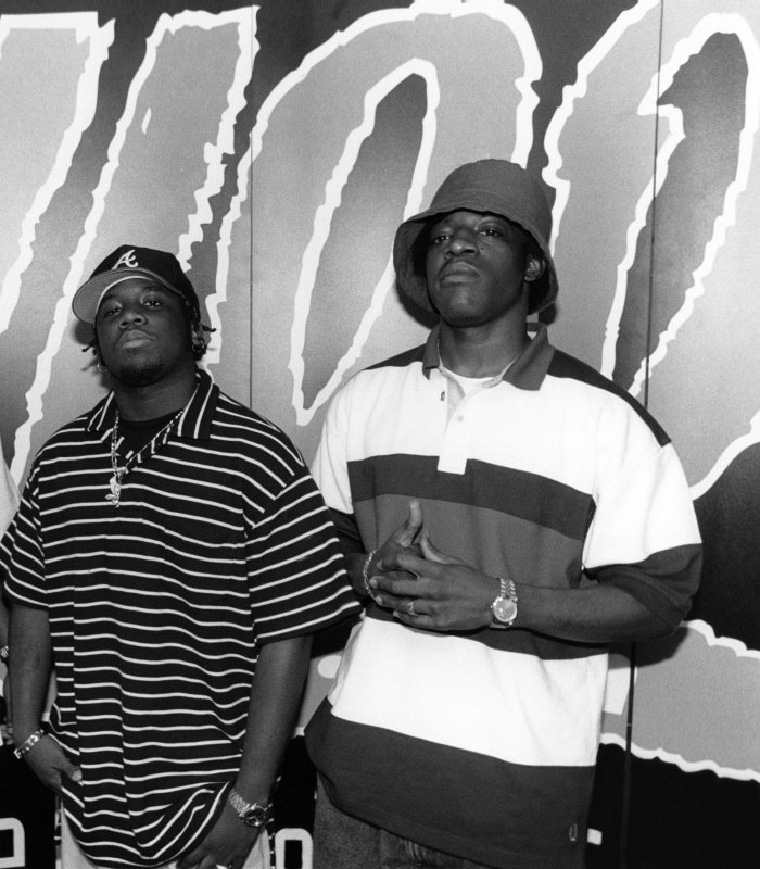 Big Boi and Andre 3000 from OutKast pose for photos.