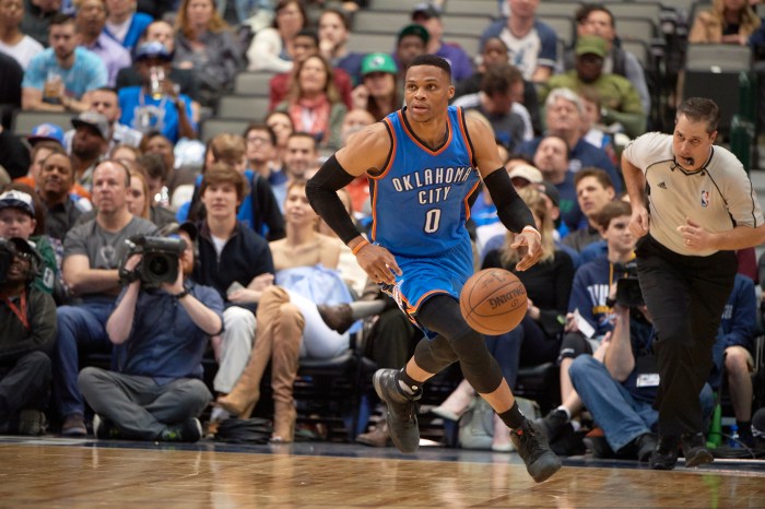 Russell Westbrook brings the ball up the court for Oklahoma City.