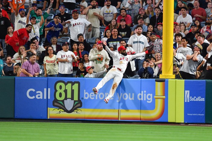 Jo Adell leaps into the stands to rob a home run.