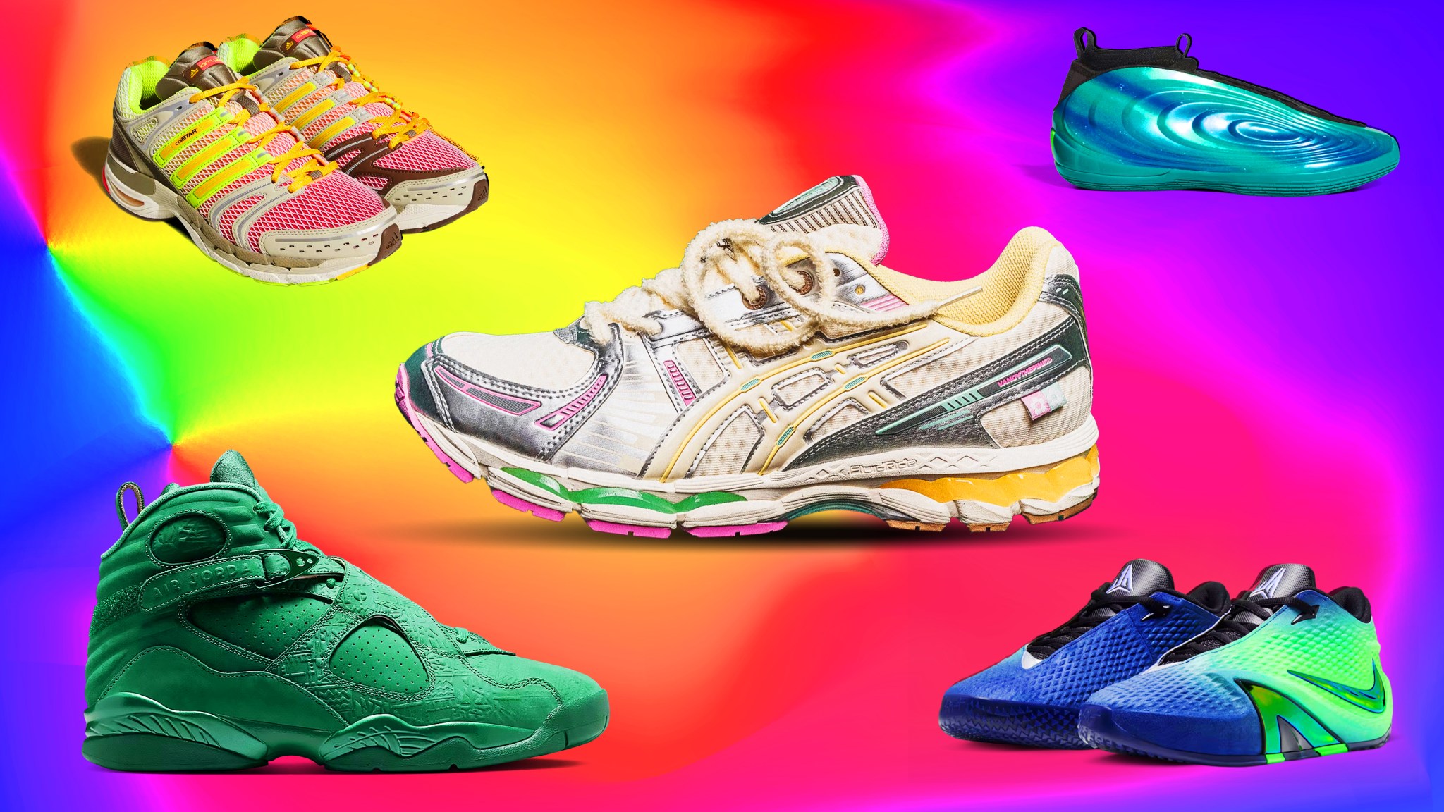 Various sneakers displayed against a colorful background.