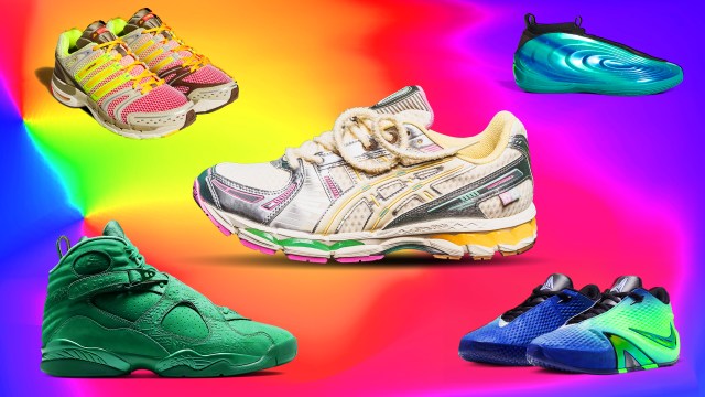 Various sneakers displayed against a colorful background.