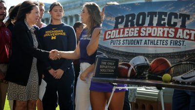 U.S. Senate Committee on Commerce, Science & Transportation ranking member Sen. Maria Cantwell (D-WA) visits with NCAA athletes