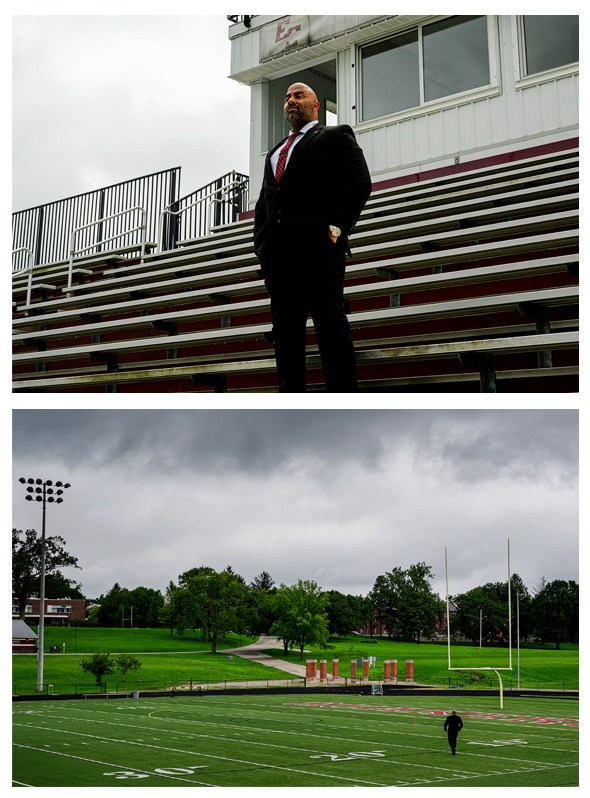 Nick Johnson stands for a portrait in the stands at Darrell Beane Stadium at Earlham College