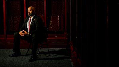Nick Johnson sits for a portrait in the locker room at Darrell Beane Stadium