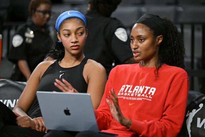 Atlanta Dream Assistant Coach LaToya Sanders and Angel Reese Atlanta Dream