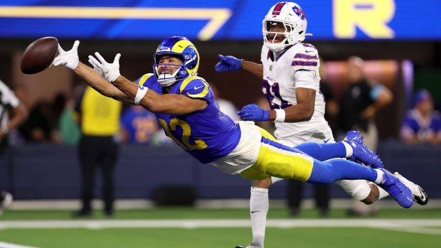 Puka Nacua dives for a catch in the end zone
